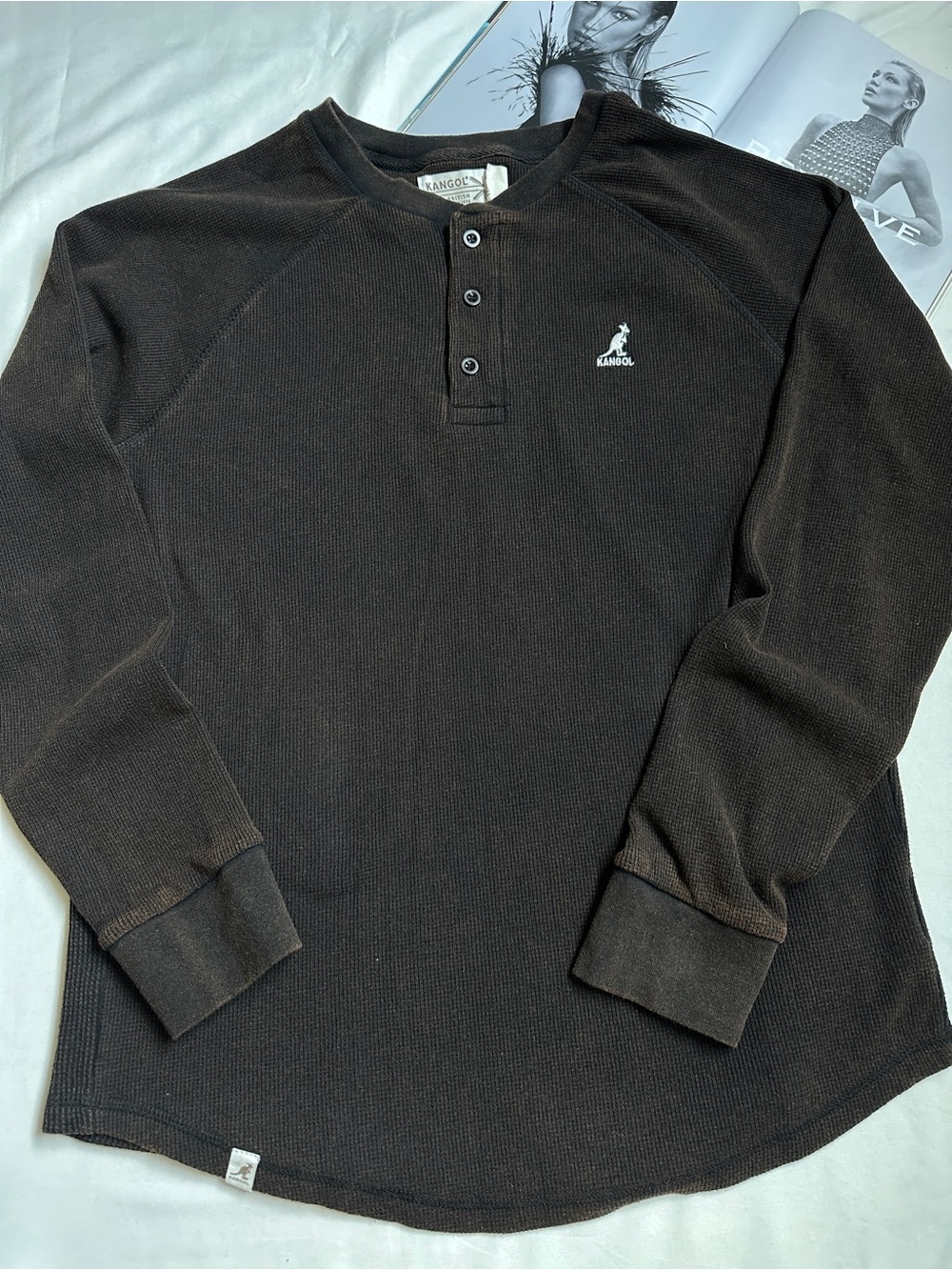 Kangol Men’s Dark Brown Waffle Henley Long-Sleeve Shirt